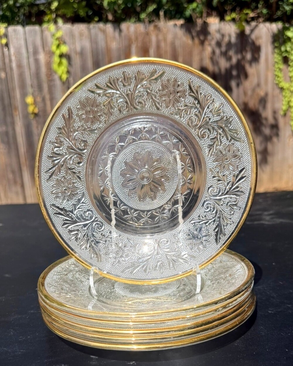 Anchor Hocking Sandwich Clear Gold Trim 7" Dessert Plates Vintage Set of 6